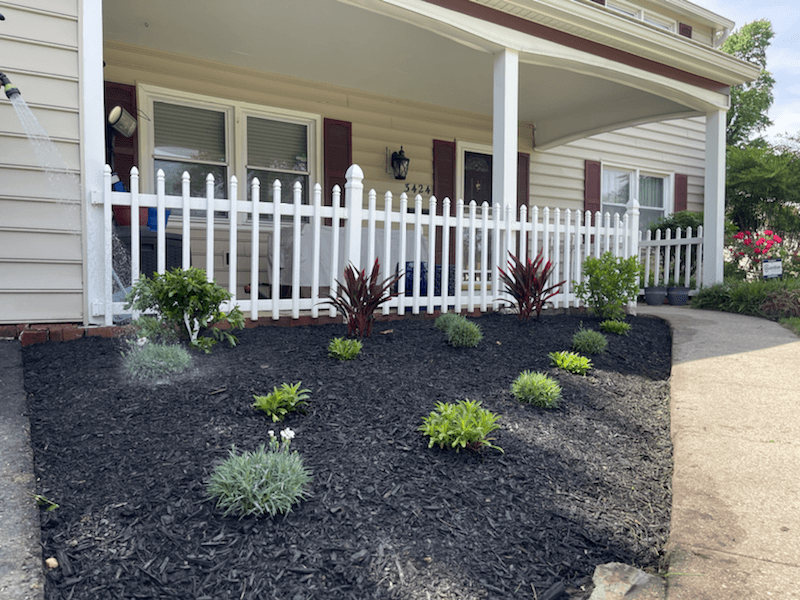 Front flower bed with black mulch and shrubs